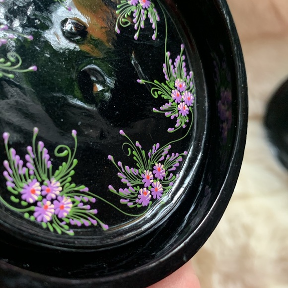 Vtg 70's hand painted black lacquered WOOD trinket box coaster set LOT - Picture 12 of 12